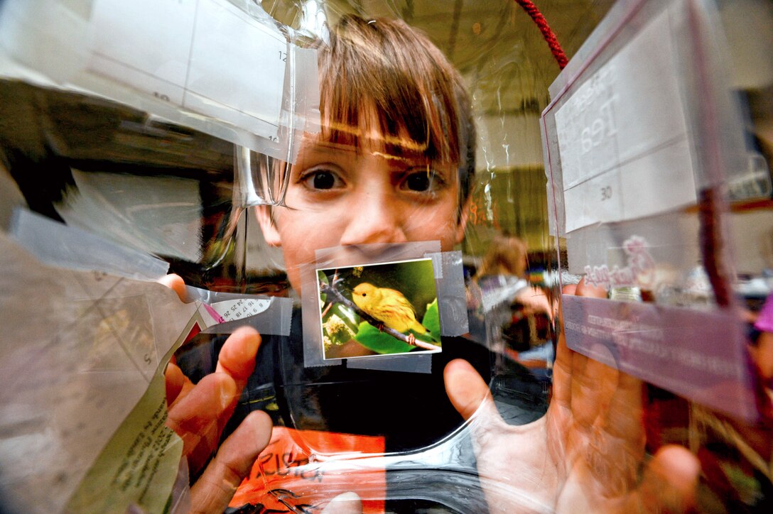 Tristen Lee, the child of an Air National Guard member at the 137th Air Refueling Wing, looks through a bird house he constructed during Oklahoma Operation Military Kids June 19, 2014, at Will Rogers Air National Guard Base, Okla.  Approximately 20 children participated in the three-day camp, where they learned leadership and team-building skills through exercises and competitions.  
(U.S. Air Force photo by Airman 1st Class Tyler Woodward)