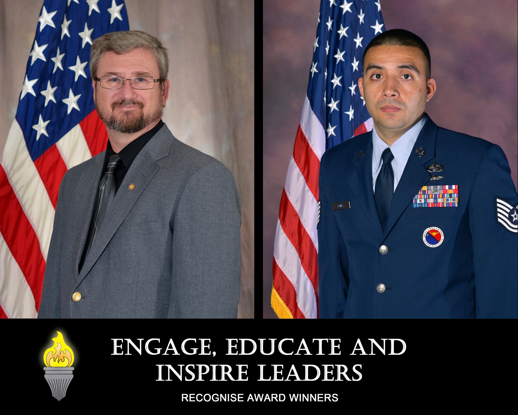 U.S. Air National Guard civilian, John Hawk, a creator of advanced distributive learning products at the I.G. Brown Training and Education Center, and U.S. Air Force Tech. Sgt. Angelo Gomez, an enlisted professional military education instructor for the Paul H. Lankford Enlisted PME Center, are recognized as the TEC's Civilian of the 2nd Quarter and NCO of the 2nd Quarter, 2014. (U.S. Air National Guard file photo illustration/Released)