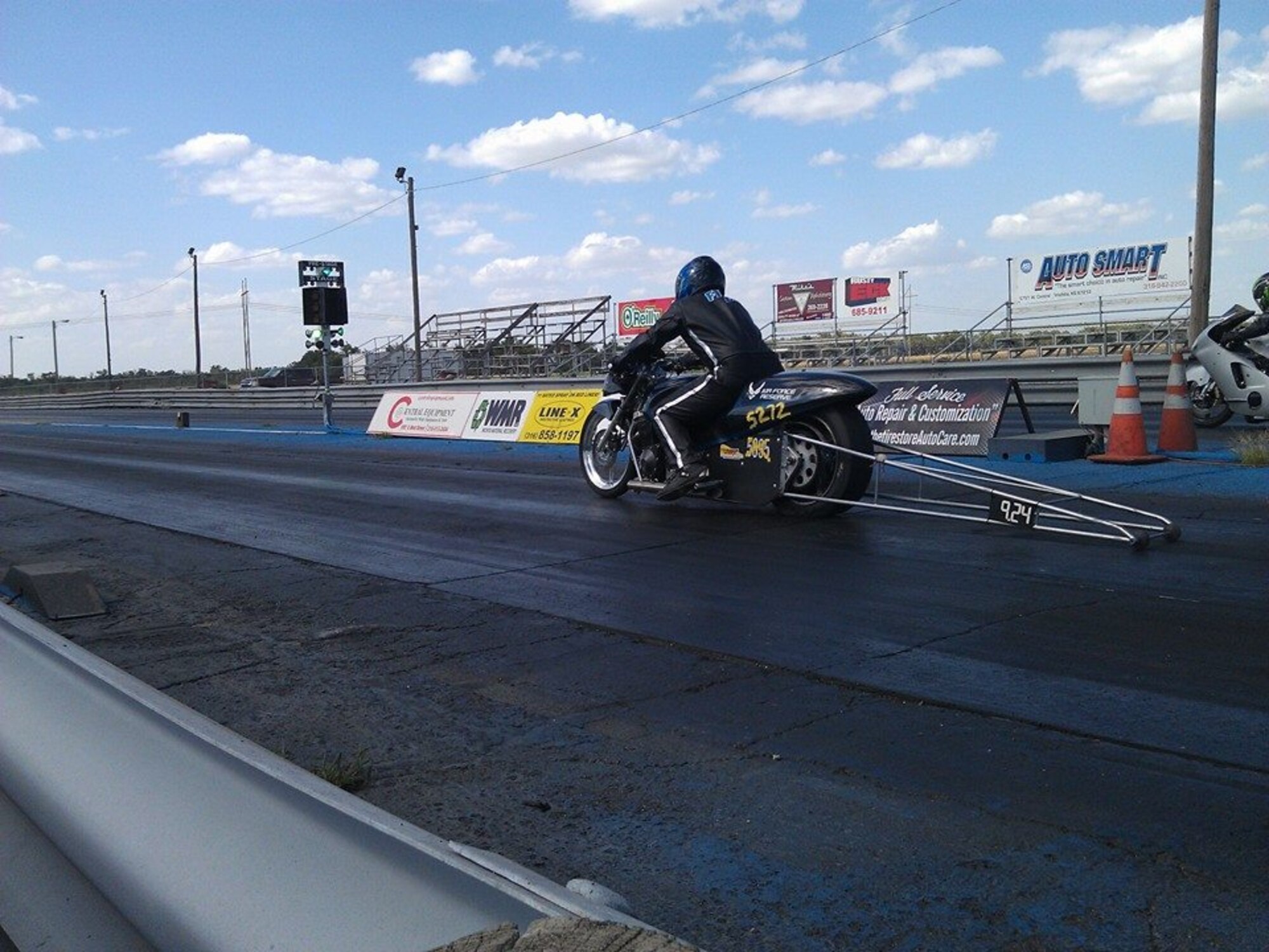 Master Sgt. John Fitzpatrick, 931st Maintenance Squadron, is one of a handful of Air Force Reservists sponsored by Air Force Reserve Command for racing, and the only AFRC-sponsored motorcycle racer. On June 21, Fitzpatrick competed in Wichita, Kan., at the Kansas International Dragway, resulting in a race win. (Courtesy photos) 