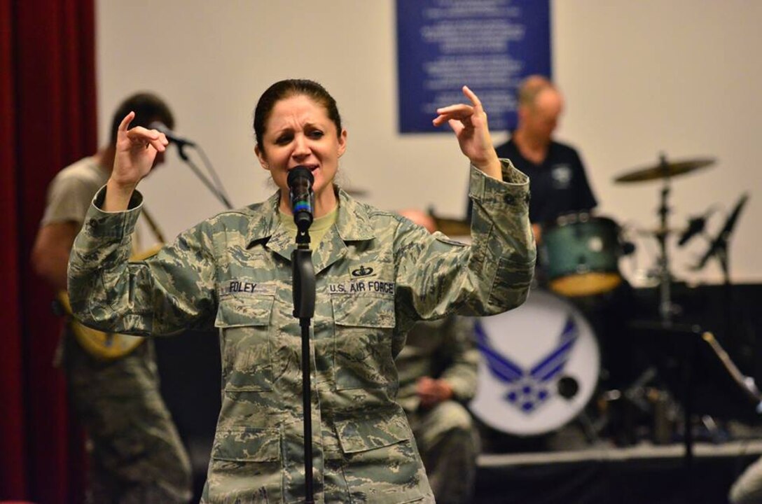 Technical Sgt. Christin Foley in rehearsal with Max Impact. Foley is returning to perform on Max Impact's inaugural tour. (U.S. Air Force photo by Senior Master Sgt. Bob Kamholz/released)