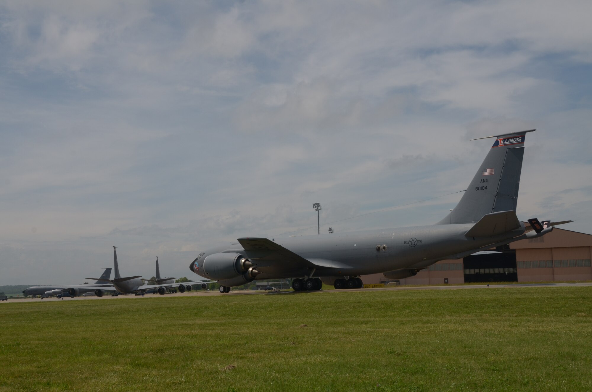 Five KC-135R Stratotankers taxi back from the runway during the 8010 nuclear mission exercise that the 126th Air Refueling Wing conducted on Scott Air Force Base, Ill., June 7, 2014. The 126 ARW, an Illinois Air National Guard unit stationed at Scott Air Force Base, Ill., supports USSTRATCOM's nuclear global strike and strategic deterrence missions through aerial refueling with the KC-135R Stratotanker to deter regional and strategic threats from adversaries with ground warfare capabilities. (Air National Guard photo by Senior Airman Elise Stout)