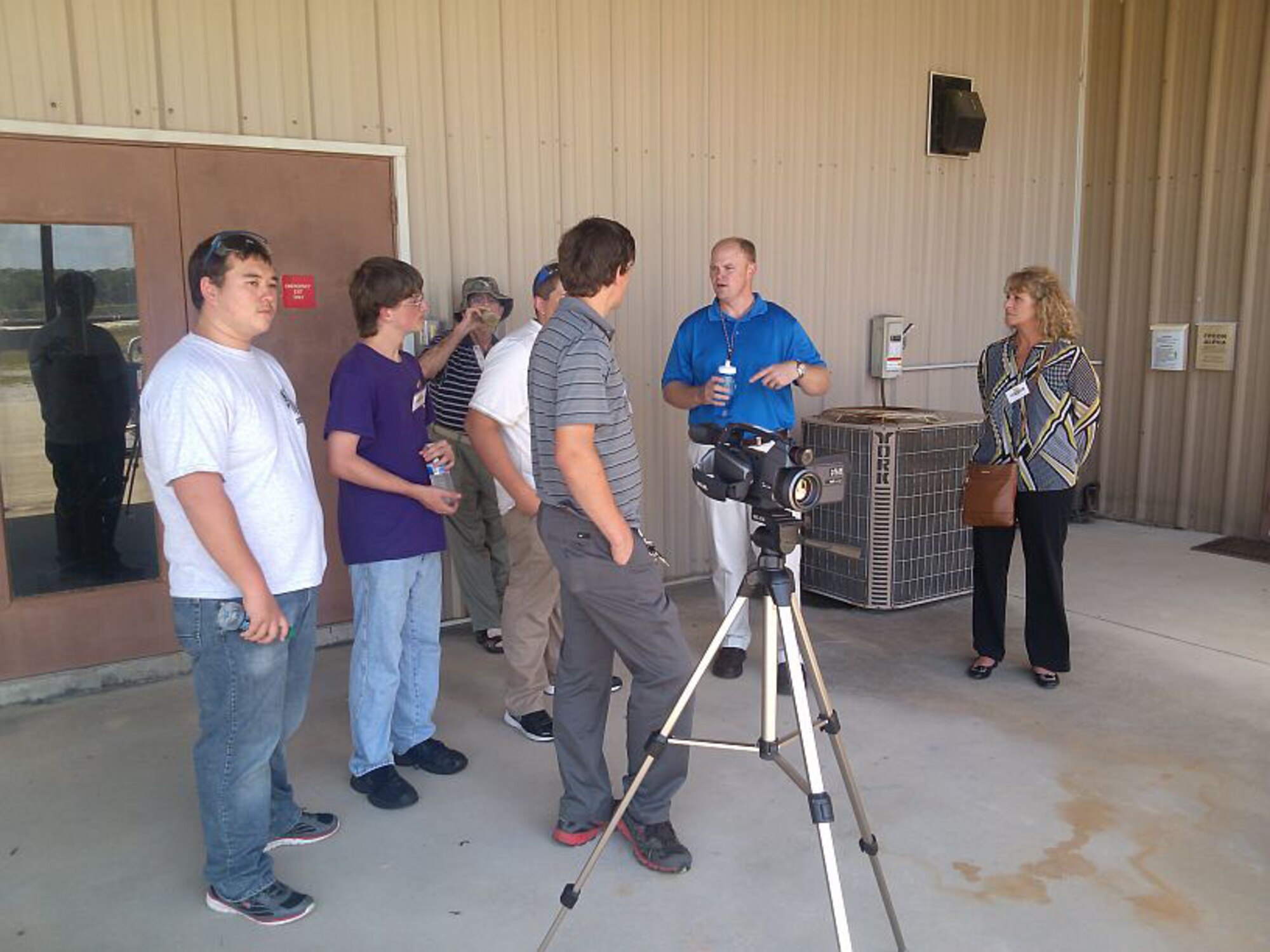 Students from Port St. Joe High School, Fla., get an orientation briefing as they begin their participation in the Florida STEM Scholars Summer Challenge at the Air Force Civil Engineer Center’s laboratory at Tyndall Air Force Base, Fla. Pictured from right to left are students Keith Wadleigh, Dallas Bird, Cordale Green and Bailey Amison with Dr. Joe Wander (background) and Dr. Bobby Diltz from AFCEC and PSJ High School teacher Pam Watford. (courtesy photo)