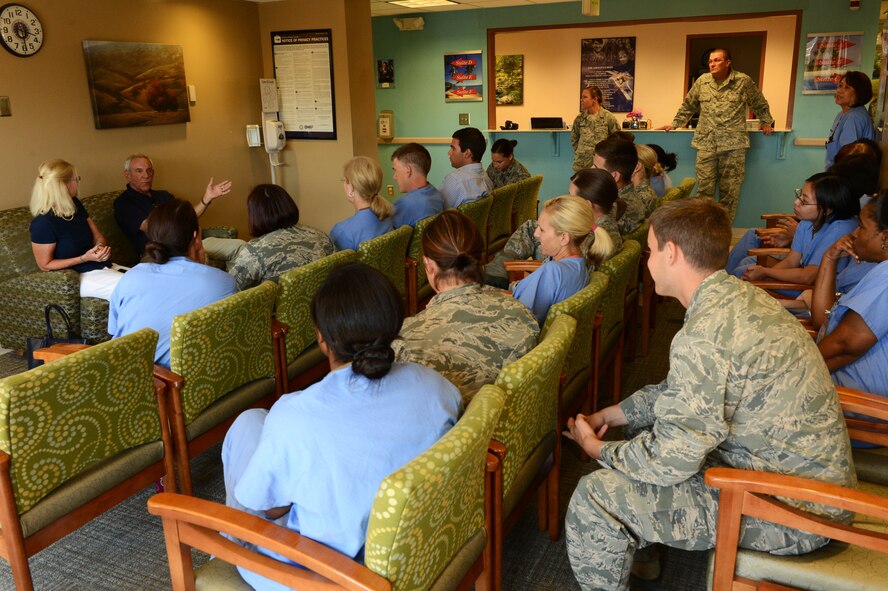 Former U.S. Air Force Capt. John Shinto speaks to the 20th Dental Squadron staff at Shaw Air Force Base, S.C., June 16, 2014. Shinto, a former Air Force dentist, took questions from the staff about dentistry and shared stories of his time while stationed at Shaw. (U.S. Air Force photo by Airman 1st Class Jensen Stidham/Released)