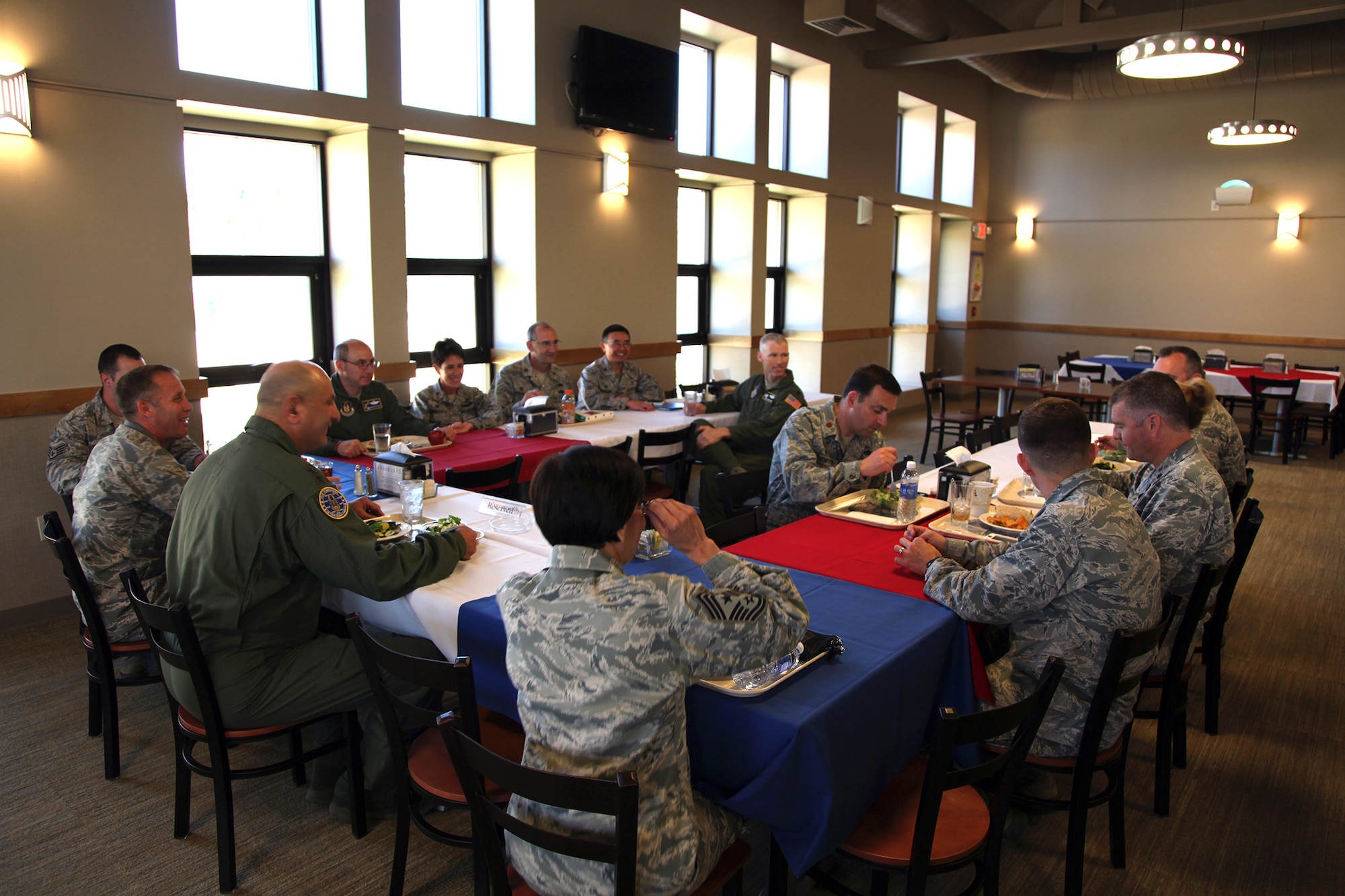 TRAVIS AIR FORCE BASE, Calif. --Maj. Gen. Richard S. "Beef" Haddad, Vice Commander of the Air Force Reserve Command, has lunch with 349th Air Mobility Wing squadron commanders in the Sierra Inn DFAC,  Travis Air Force Base, Calif., June 21, 2014.  The general will be visiting facilities and meeting with Airman to see air mobility innovations helping Travis AFB personnel deliver America's hope and might around the globe. (U.S. Air Force photo/Lt. Col. Robert Couse-Baker)