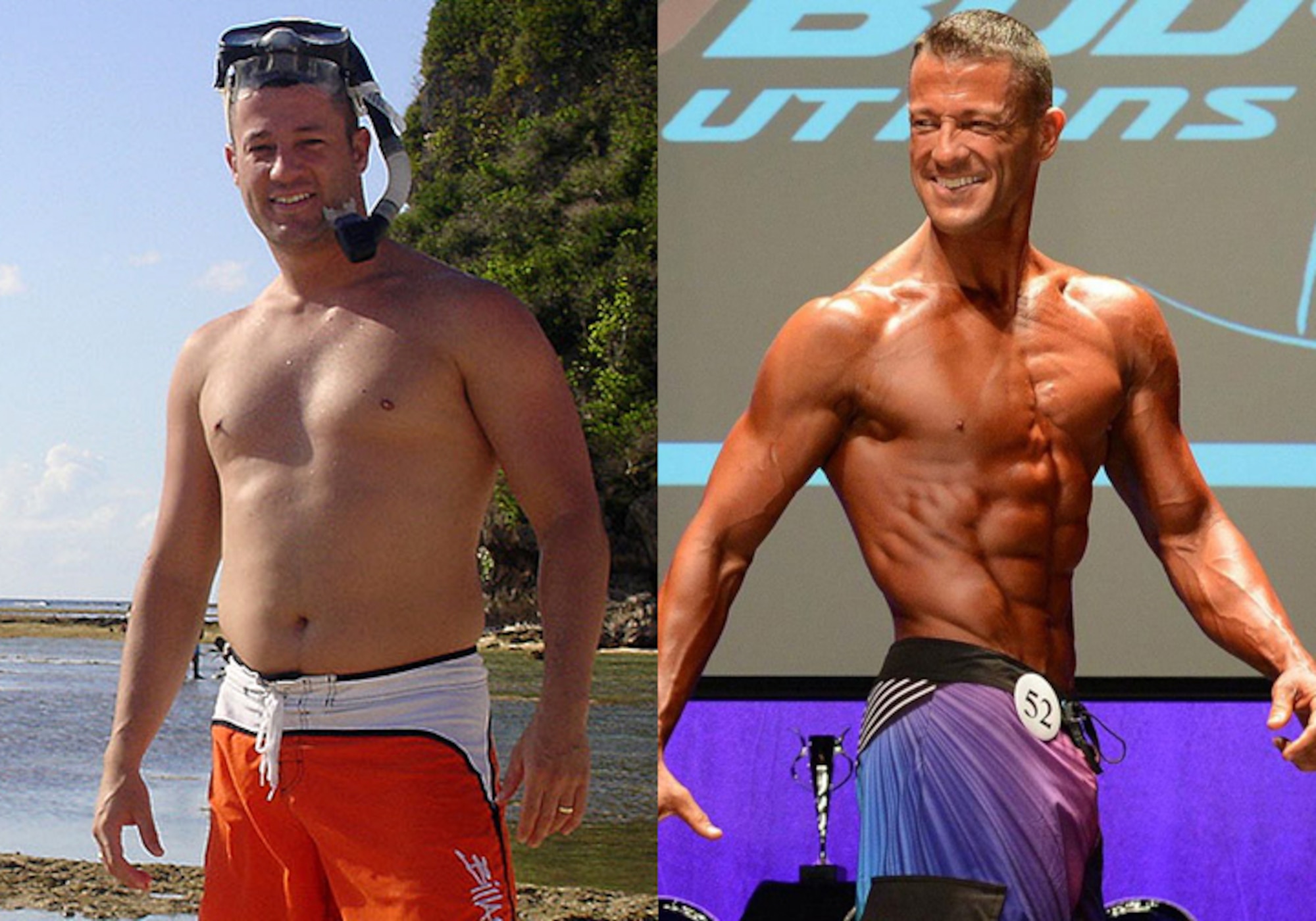 Before: Senior Master Sgt. Dave DeRemer, 56th Fighter Wing Public Affairs superintendent, is seen in 2007 at Andersen Air Force Base, Guam, before deciding to live a healthier lifestyle. After: DeRemer is seen in August 2013 at the Midwest Evolution Bodybuilding Championship in St. Louis, Missouri, where he won the men’s physique championship and best poser. (Courtesy photo)