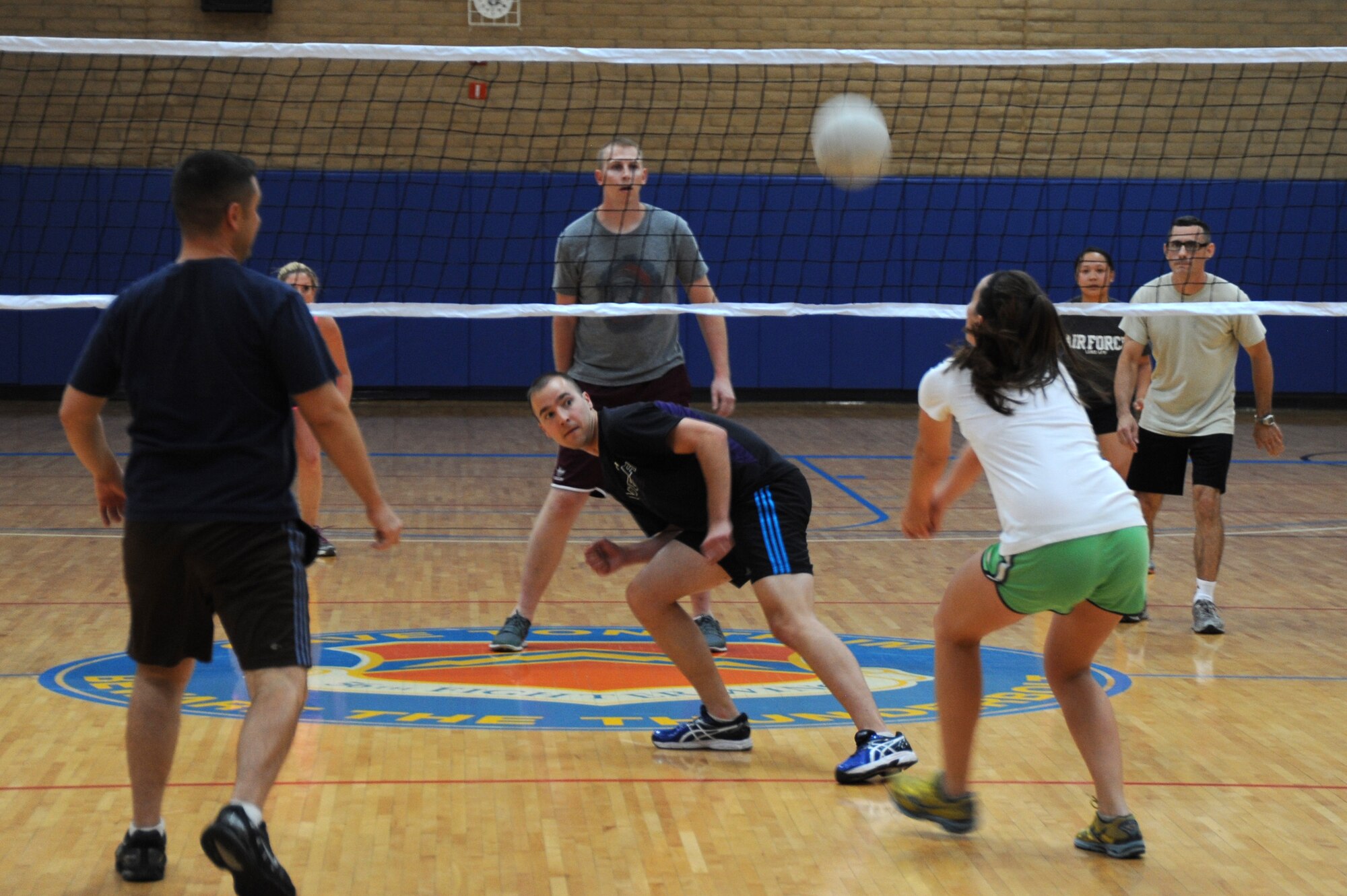 Bridget Penton, 56th Force Support Squadron, returns a volley during a match with 56th Logistics Readiness Squadron June 9 at Luke Air Force Base. FSS won two out of three games to win the first match of the volleyball season. (U.S. Air Force photo/Airman 1st Class James Hensley)