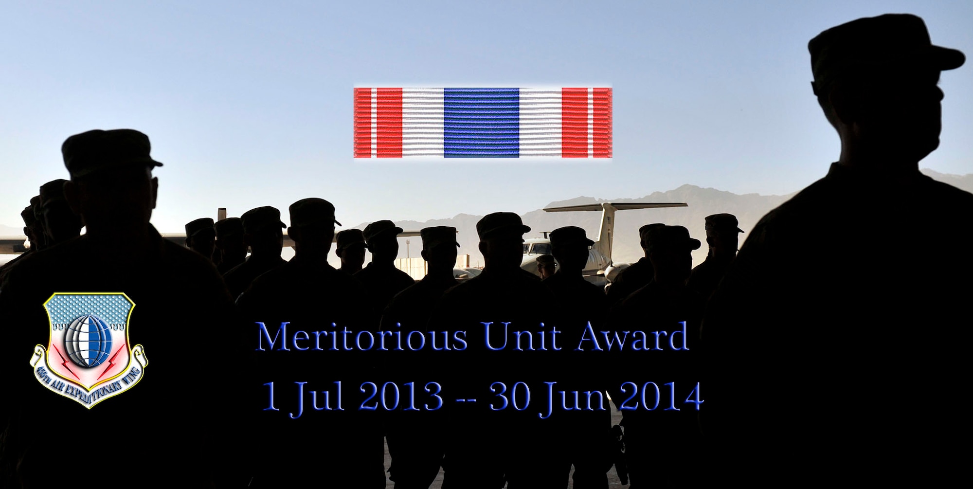 U.S. Air Forces Central Command selected the 455th Air Expeditionary Wing for the Meritorious Unit Award June 16, 2014 for outstanding service and support of combat operations at Bagram Airfield, Afghanistan and multiple forward operating locations between the dates of July 1, 2013 and June 30, 2014. (U.S. Air Force Illustration by Master Sgt. Cohen A. Young/Released)
