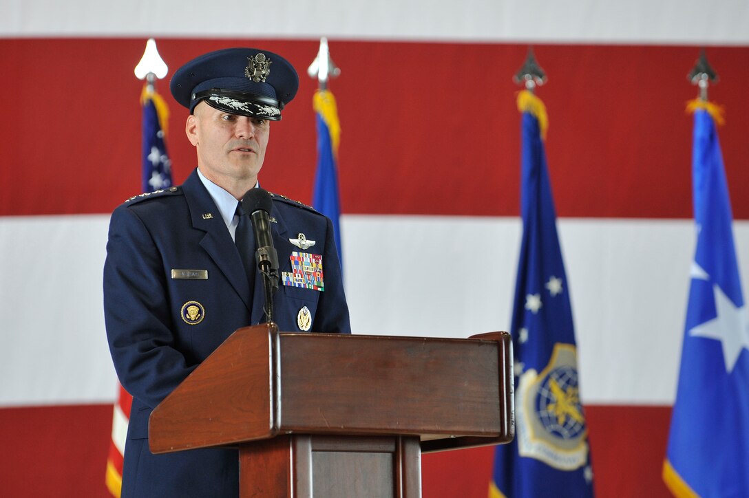 Lt. Gen. Carlton D. Everhart II, 18th Air Force commander, speaks after assuming command at Scott Air Force Base, Ill., June 20, 2014. Everhart complimented the men and women of 18th AF and praised them for the work that they had accomplished while under the command of Gen. Darren W. McDew, Air Mobility Command commander. (U.S. Air Force photo/Staff Sgt. Jonathan Fowler)