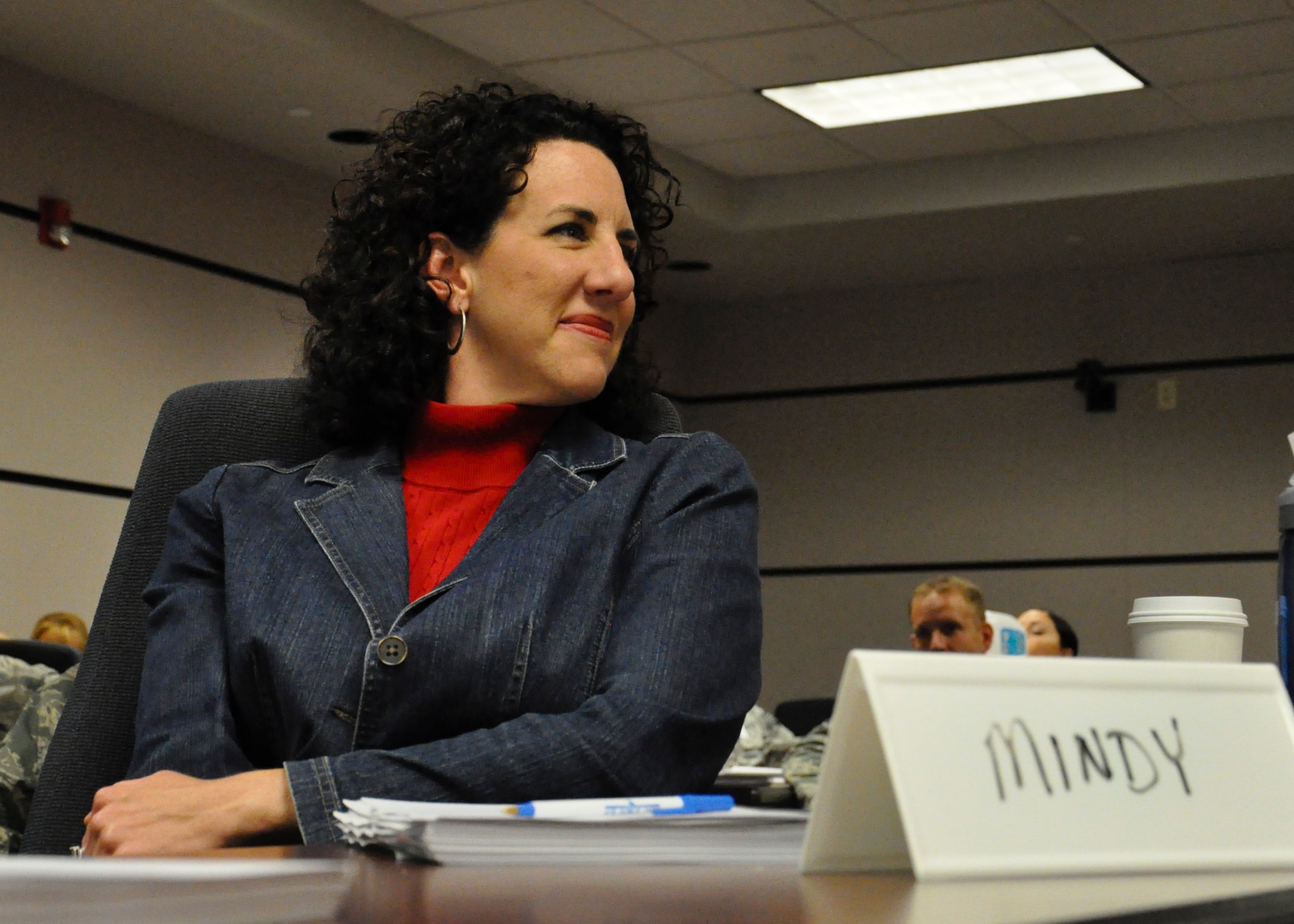Mindy Banz, Air Force Sustainment Center legislative liason, listens to a classmate during the Master Resilience Trainer course on June 20. The course, held at the U.S. Air Force Expeditionary Center, is the AF's sole course responsible for training MRTs.