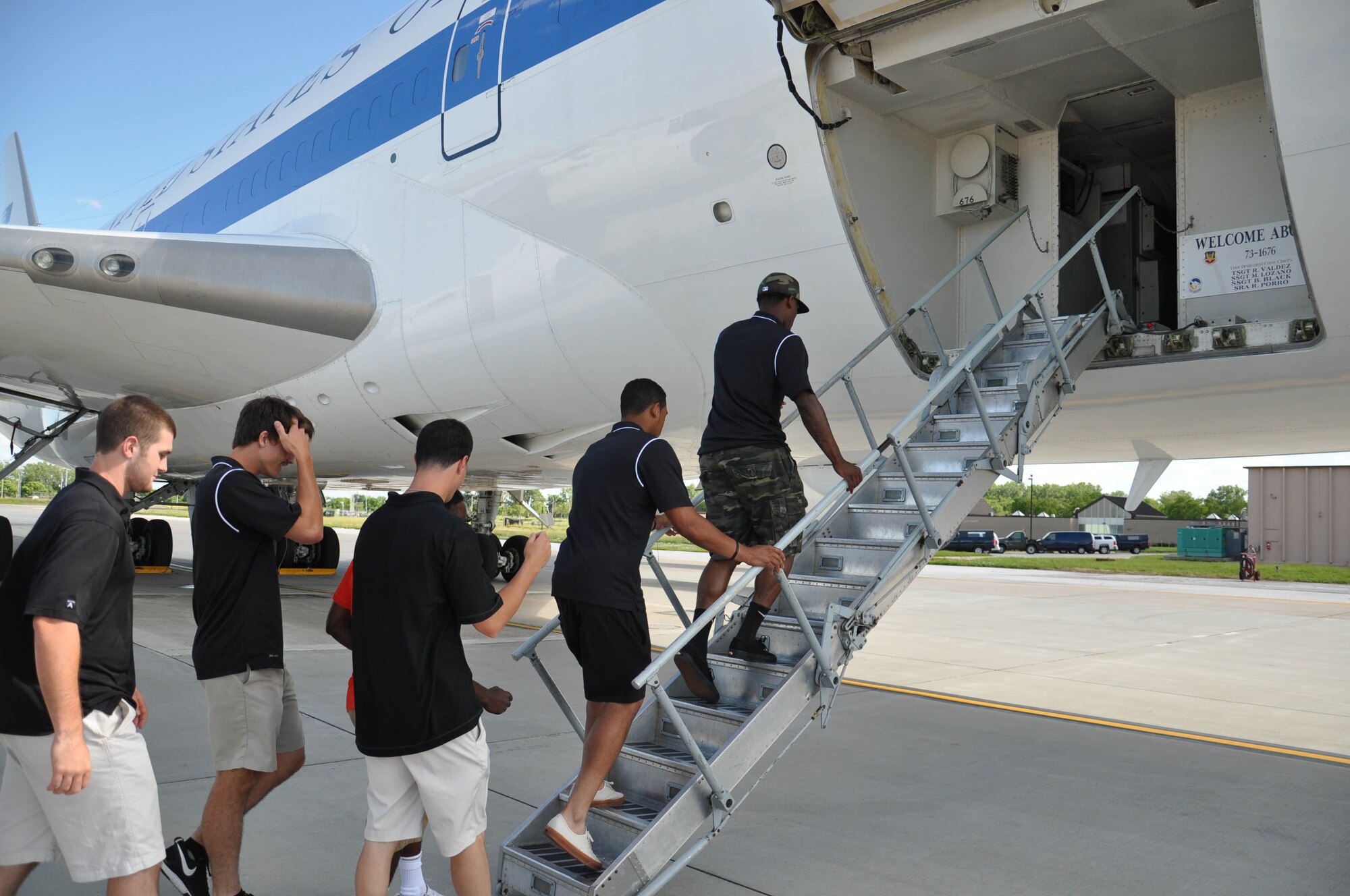 Players for the Vanderbilt University baseball team visit Offutt Air Force Base, Nebraska, June 15 for a tour of the E-4B and to meet with 55th Wing members and their families. Every year, the 55th Wing sponsors a College World Series team, inviting the team to base for a tour and a team dinner with members of Team Offutt. (U.S. Air Force photo by 2nd Lt. Carly Costello)
