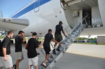 Players for the Vanderbilt University baseball team visit Offutt Air Force Base, Nebraska, June 15 for a tour of the E-4B and to meet with 55th Wing members and their families. Every year, the 55th Wing sponsors a College World Series team, inviting the team to base for a tour and a team dinner with members of Team Offutt. (U.S. Air Force photo by 2nd Lt. Carly Costello)