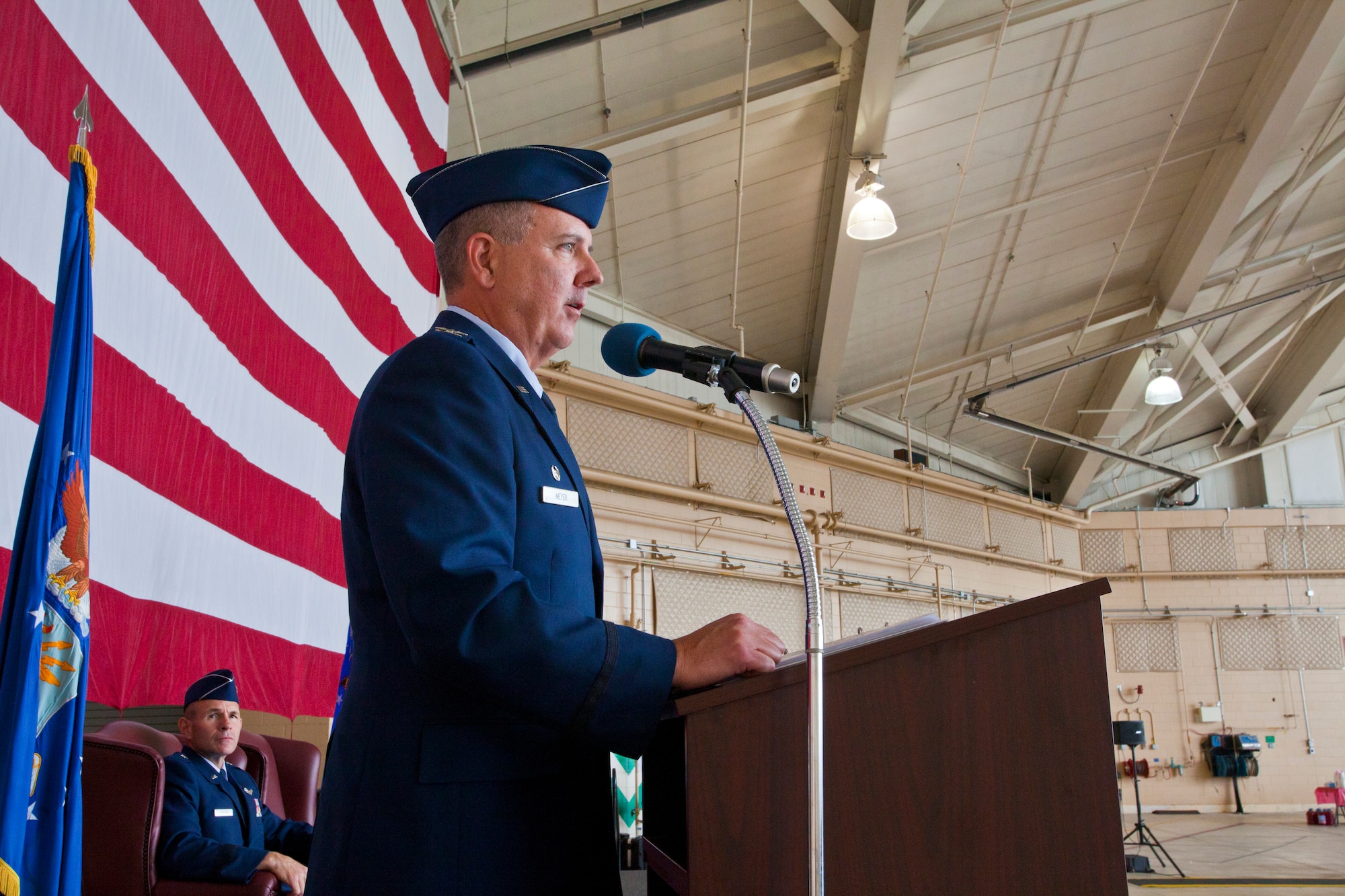 Col. Robert A. Meyer Jr. assumes command of the 108th Wing, New Jersey Air National Guard, from Brig. Gen. Kevin J. Keehn during a change of command ceremony at Joint Base McGuire-Dix-Lakehurst, N.J., June 22, 2014. A change of command ceremony is a military tradition that represents the formal transfer of authority and responsibility for a unit from one commanding or flag officer to another. Since Sept. 11, 2001, the 108th Wing has deployed Airmen around the globe in support of Operation's Iraqi Freedom, Noble Eagle, Enduring Freedom and New Dawn. (U.S. Air National Guard photo by Master Sgt. Mark C. Olsen/Released)