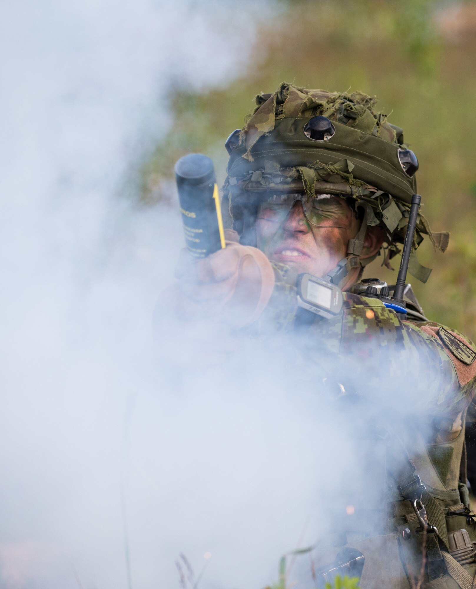An Estonian soldier uses a flare during an attack on enemy forces simulated by the U.S. Army with Air National Guard assets in part of Saber Strike in the Adazi Training Area, Latvia, June 11, 2014. The exercise focused on conducting a counter attack lead by approximately 140 Estonian soldiers. (U.S. Air Force photo/Senior Airman Jonathan Stefanko)
