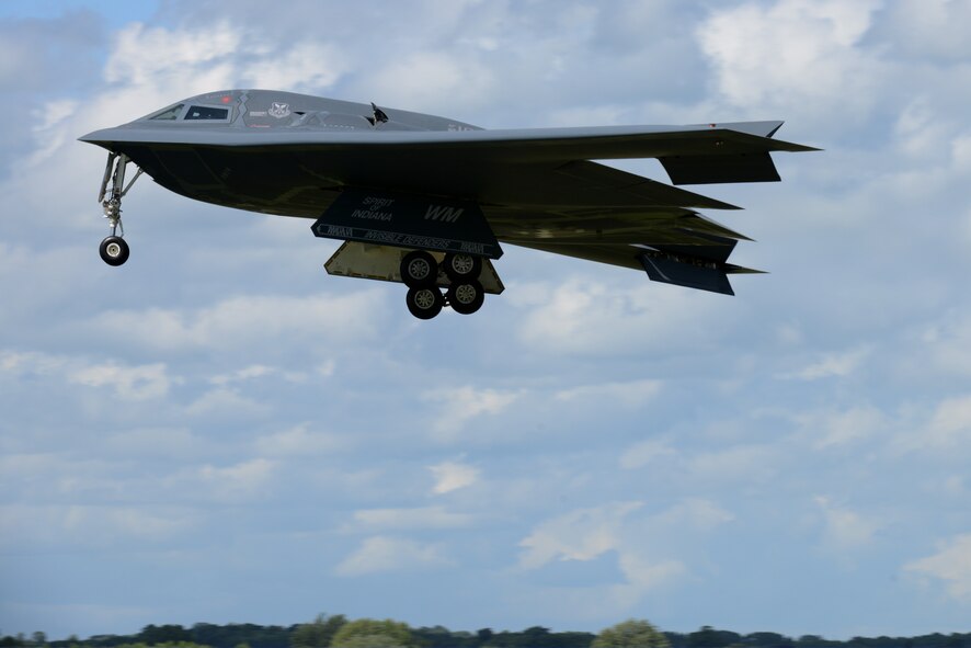 The “Spirit of Indiana,” a B-2 Spirit from Whiteman Air Force Base, Mo., prepares to land at RAF Fairford, United Kingdom, June 8, 2014. The B-2 Spirit is a multi-role bomber capable of delivering both conventional and nuclear munitions. Its low-observable, or "stealth," characteristics give it the unique ability to penetrate an enemy's most sophisticated defenses and threaten its most valued, and heavily defended, targets. (U.S. Air Force photo by Tech. Sgt. Chrissy Best/Released)