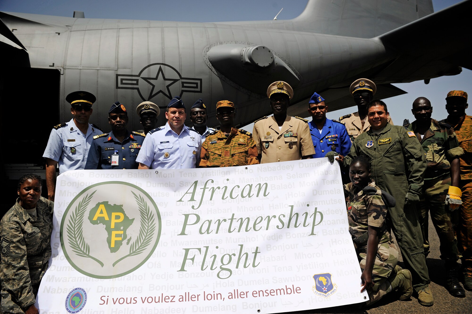 Brig. Gen. Thomas Sharpy, U.S. Air Forces in Europe and Air Forces Africa director of plans programs and analyses, poses for a group photo with African air force commanders during the lead African Partnership Flight in Dakar, Senegal June 19, 2014. USAFE-AFAFRICA Airmen are in Senegal for APF, a program designed to improve communication and interoperabilty between regional partners in Africa. The African partners include Senegal, Togo, Burkina Faso, Benin, Ghana, Mauritania, Nigeria and Niger with the U.S. facilitating the program. (U.S. Air Force photo/ Capt. Frank Hartnett IV)