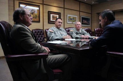 The U.S. Ambassador to Tunisia, Gordon Gray, right, meets with Rick Kaysen, mayor of Cheyenne, Wyo., left; Army Maj. Gen. Luke Reiner, Wyoming adjutant general, center right; and Army Maj. Jim Cudney, the bilateral affairs officer in the U.S. Embassy in Tunis, Tunisia, Office of Security Cooperation, Feb. 16, 2012. The ambassador's visit was part of the National Guard Bureau's State Partnership Program.