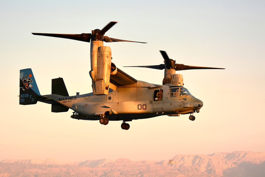 U.S. Marine Corps MV-22 Osprey aircraft with Marine Medium Tiltrotor Squadron 263 (Reinforced), 22nd Marine Expeditionary Unit, conduct flight operations, May 24, 2014. The 22nd MEU is deployed with the Bataan Amphibious Ready Group as a theater reserve and crisis response force throughout U.S. Central Command and the U.S. 5th Fleet area of responsibility.