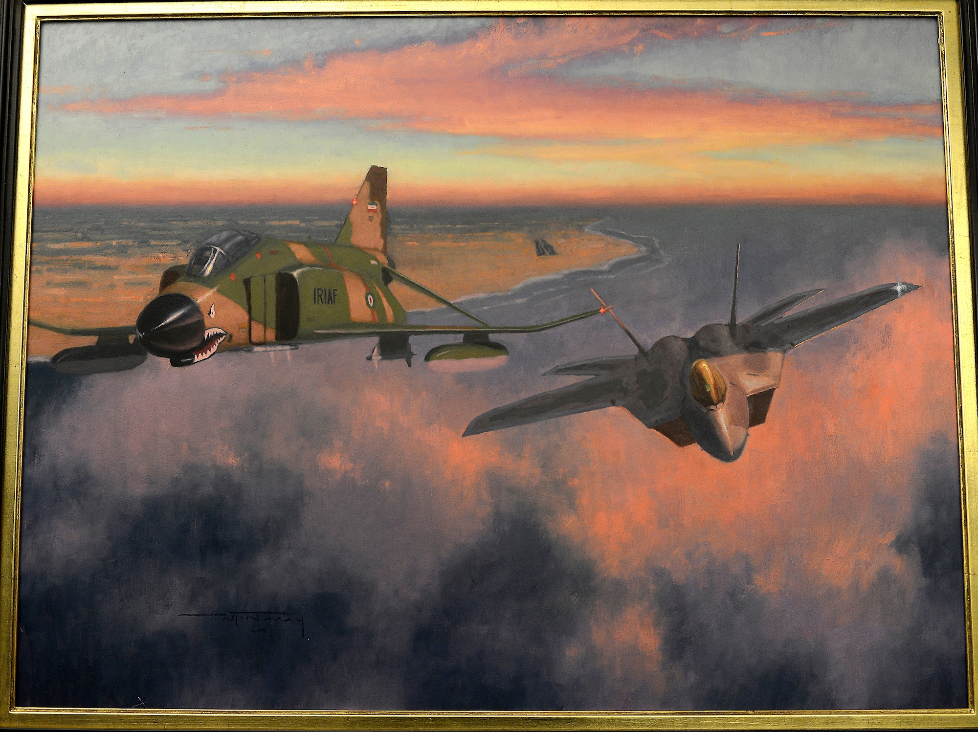 "Showtime" is a piece of art painted by Maj. Warren Neary, and was presented to Air Force Chief of Staff Gen. Mark A. Welsh III June 20, 2014, in the Pentagon.  Neary is a U.S. Air Force Reserve historian and contributed "Showtime" and another work, titled "Bandage 33," through the Air Force Art Program. (U.S. Air Force photo/Scott M. Ash)