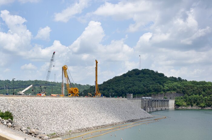 Members of Huntsville Center's Leadership Development Program toured Nashville District's Center Hill Dam in Lancaster, Tennessee, June 17 to gain a broader understanding of Army Corps of Engineers civil works projects. The dam, built in the 1940s, is undergoing extensive rehabilitation to prevent foundation seepage from potentially harming the embankments. The entire project is expected to be complete in 2017.