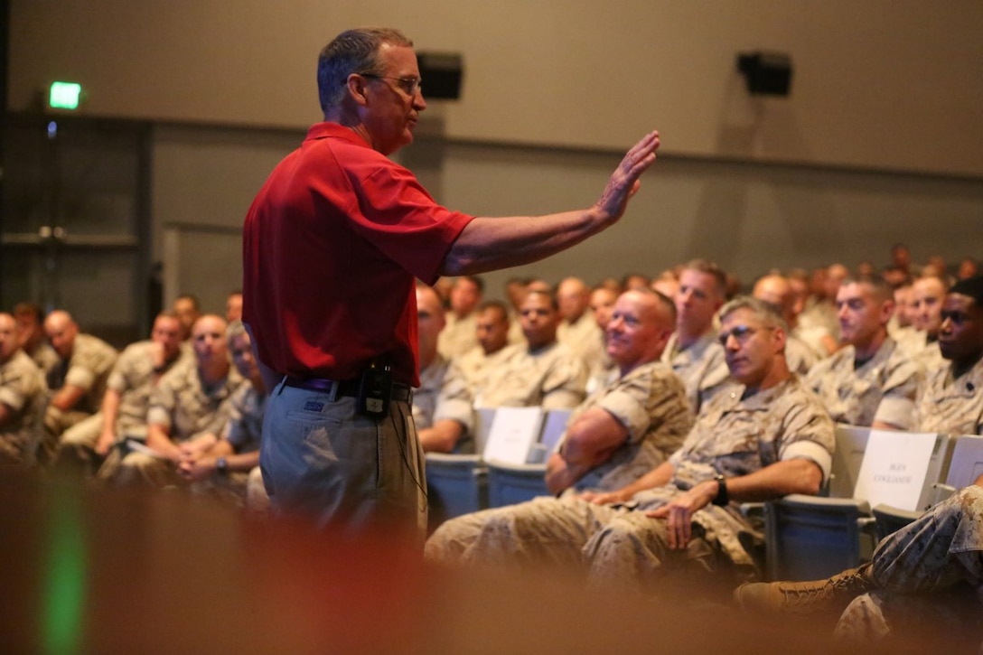 Retired Marine Lieutenant Gen. John F. Sattler shared his experience leading Marines during the second Battle of Fallujah during a Professional Military Education class aboard Camp Pendleton, Calif., June 18, 2014.  Sattler spoke to 1st Division Marines to inform them of the decisions made during the battle.