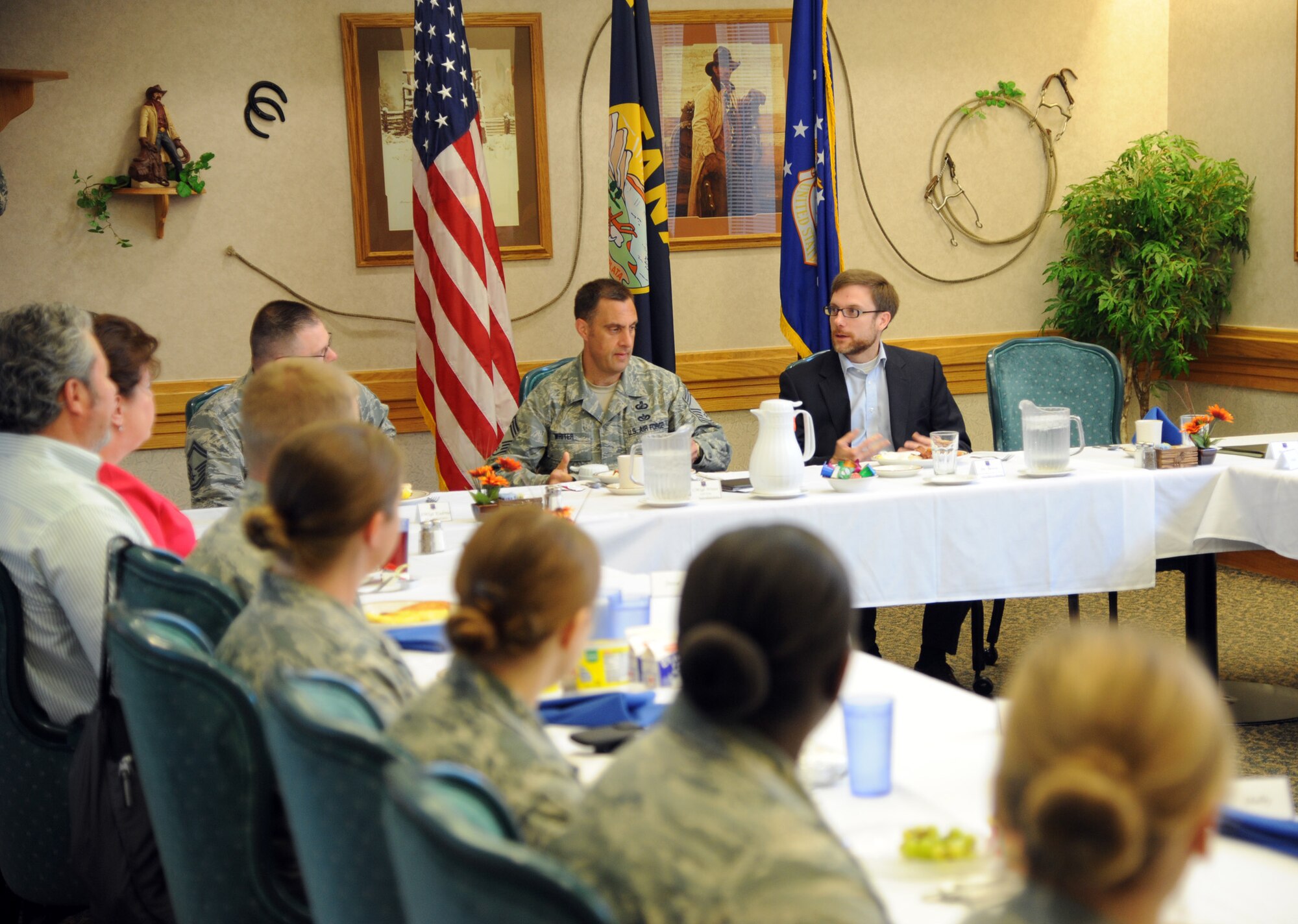 Dr. Jamie Morin, Assistant Secretary of the Air Force for financial management and comptroller, enjoys a breakfast with members of the 341st Comptroller Squadron on June 24 at the Elkhorn Dining Facility. This was an opportunity for Morin to meet 341 CPTS personnel and answer any questions they had. (U.S. Air Force photo/ Airman 1st Class Joshua Smoot)