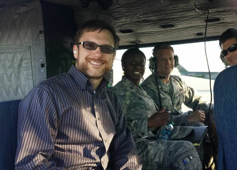 Dr. Jamie Morin, Assistant Secretary of the Air Force for financial management and comptroller (left) rides along in a helicopter with Maj. La Tonya Kelly, 341st Comptroller Squadron commander; Maj. Charles Dunar, SAF/FM military assistant; and Maj. John Spear, 341st Contracting Squadron commander June 23. The team flew to a missile alert facility, where Morin was given a tour. (Courtesy Photo)