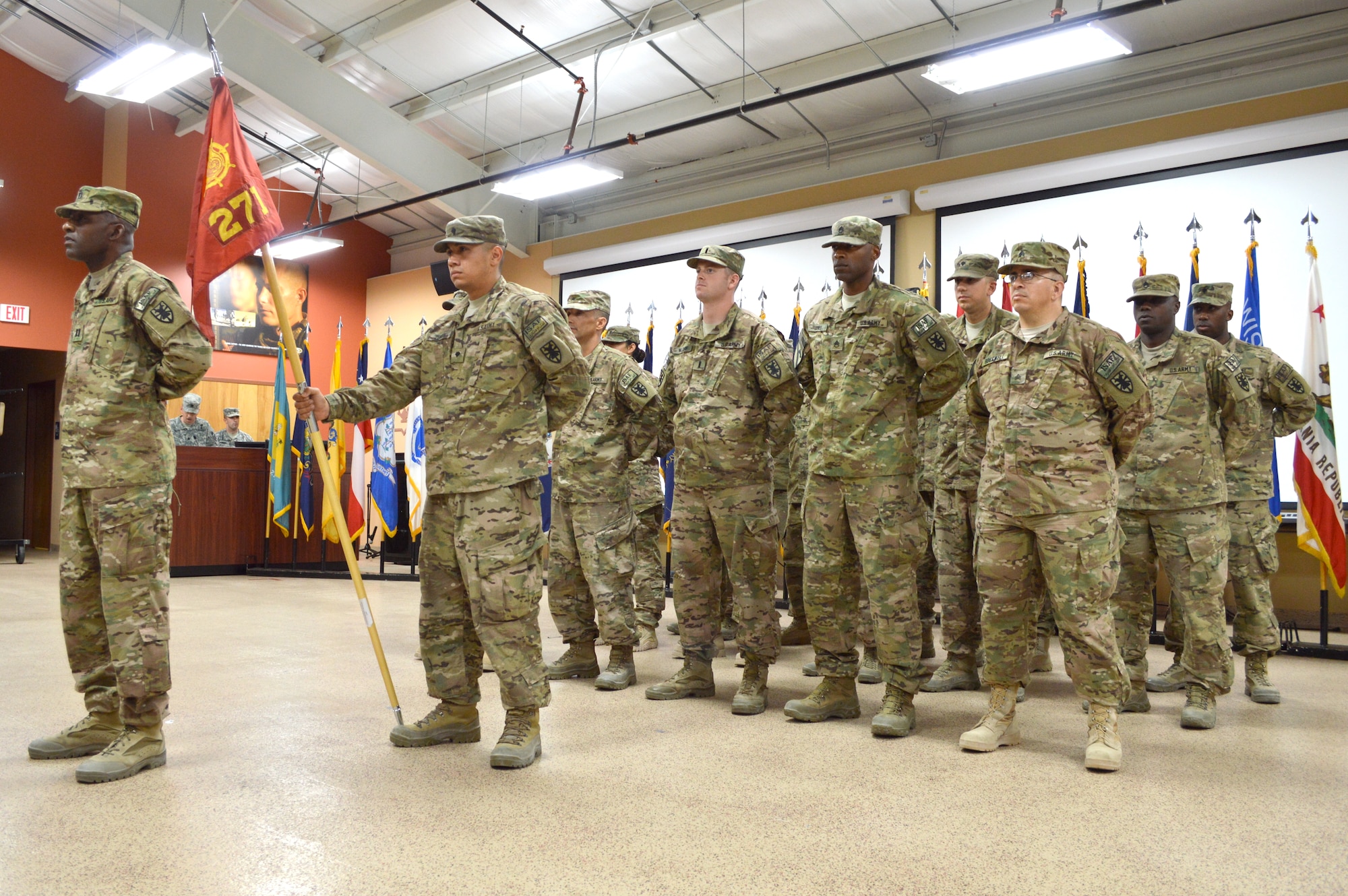 U.S. Army Soldiers assigned to the 271st Movement Control Team, 53rd Transportation Battalion, 7th Transportation Brigade (Expeditionary), stand in formation during a redeployment ceremony at Fort Eustis, Va., June 23, 2014.  The team returned from a nine-month deployment to Bagram Air Base, Afghanistan, where they supported Operation Enduring Freedom.  Family members, friends and coworkers looked on as U.S. Army Lt. Col. Kevin Baird, 53rd Transportation Battalion, 7th Transportation Brigade (Expeditionary) commander, welcomed the Soldiers and highlighted the point that the entire team came home. (U.S. Army photo by Sgt. Stefanie Warner/Released)
