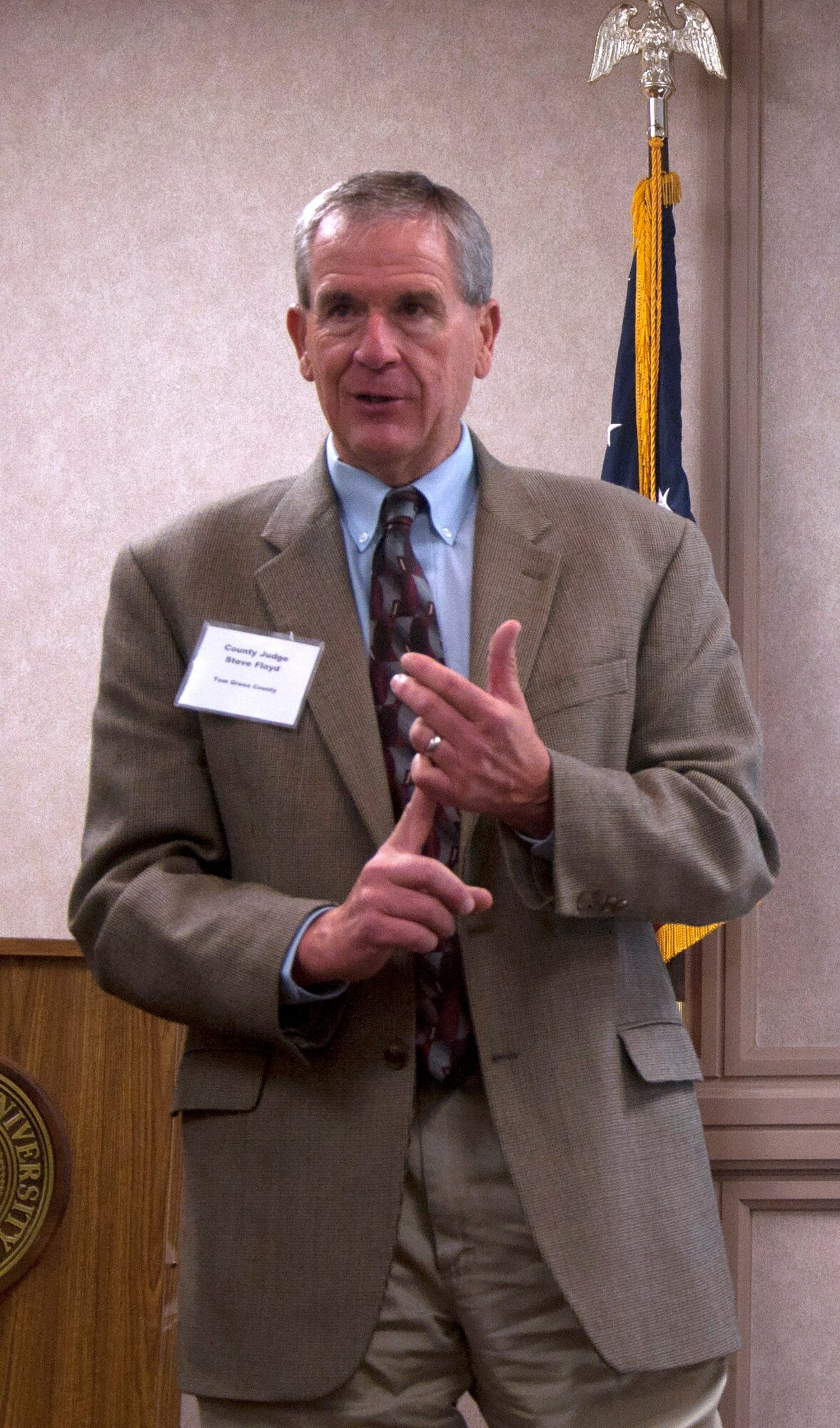 SAN ANGELO, Texas--Tom Green County Judge Stephen C. Floyd speaks after the announcing the agreement of three initiatives between the community and Goodfellow Air Force Base at the Angelo State University’s Houston Harte Center June 12. Floyd said, “barriers have come down, and I see nothing but opportunity”. There are 11 additional initiatives currently in the planning stages between San Angelo and GAFB. (U.S. Air Force photo/ Master Sgt. Jennifer Redente)