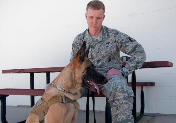 Tech. Sgt. Ryan Goodridge, 90th Security Forces Squadron MWD Section kennel master, sits next to Nnimitz outside of the MWD kennel after demonstrating training techniques June 17. Nnimitz was retired due to a disorder of the adrenal gland. Nnimitz’ retirement ceremony was held on May 5, 2013. (U.S. Air Force photo by Airman Malcolm Mayfield)
