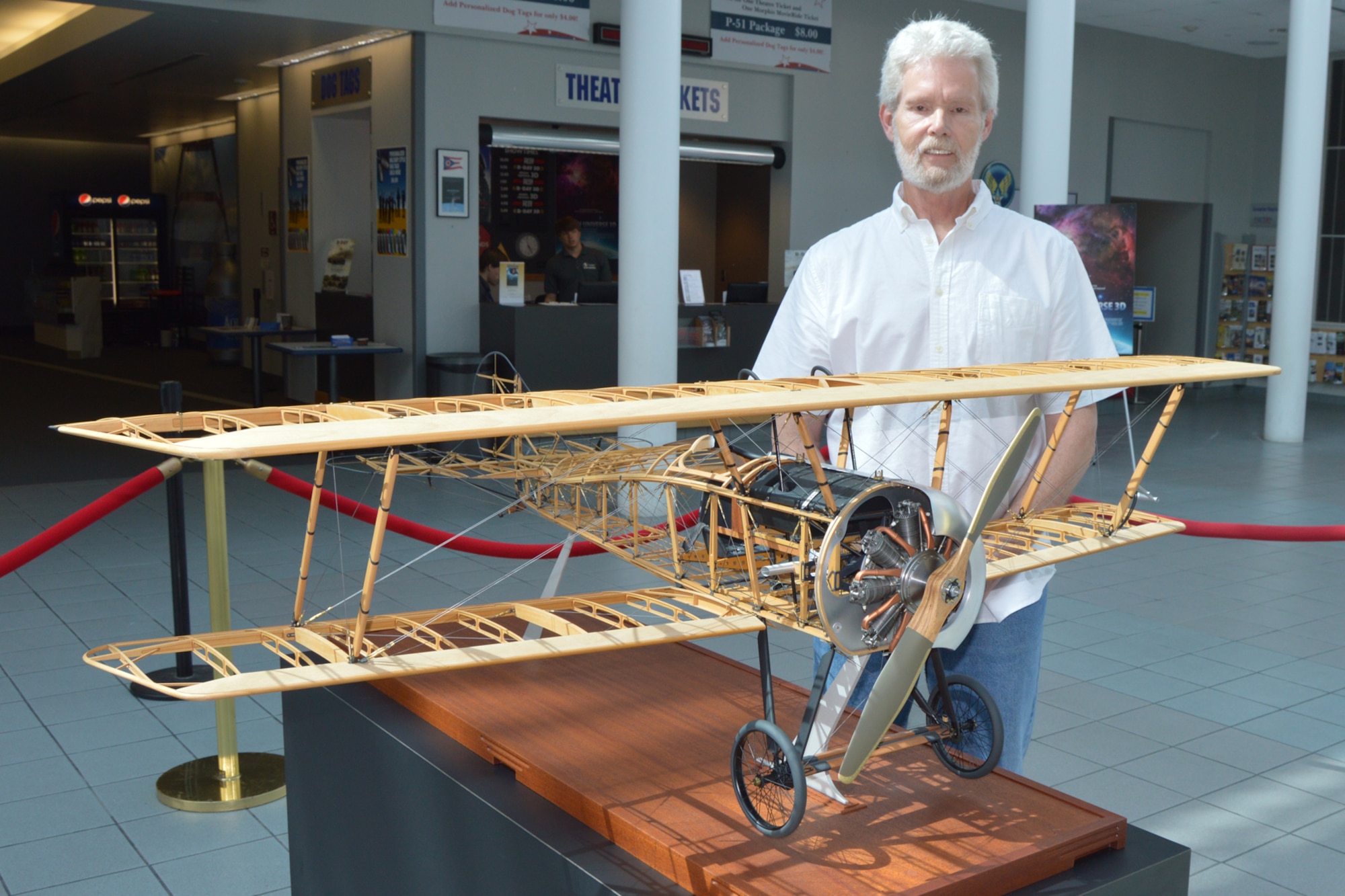 DAYTON, Ohio --  Aircraft model builder Don Gentry donated his 1/5 scale model of a Thomas-Morse S4C Scout to the National Museum of the U.S. Air Force. Fabrication involved roughly 7,000 man hours spread over 5 years, scratch built by Gentry. Plans call for the model to be on display in the museum's Early Years Gallery. (U.S. Air Force photo by Ken LaRock) 
