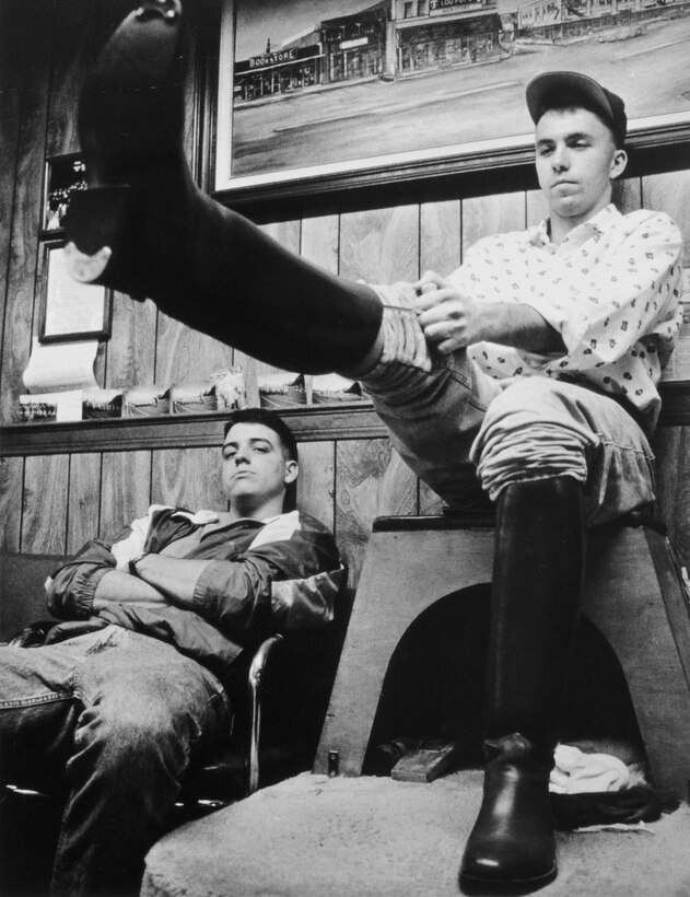 In 1992, Texas A&M University Corps of Cadets senior Ron Allen puts on his senior boots for the first time. Donning senior boots is a major milestone in a Texas A&M cadet’s collegiate career. (Courtesy photo)