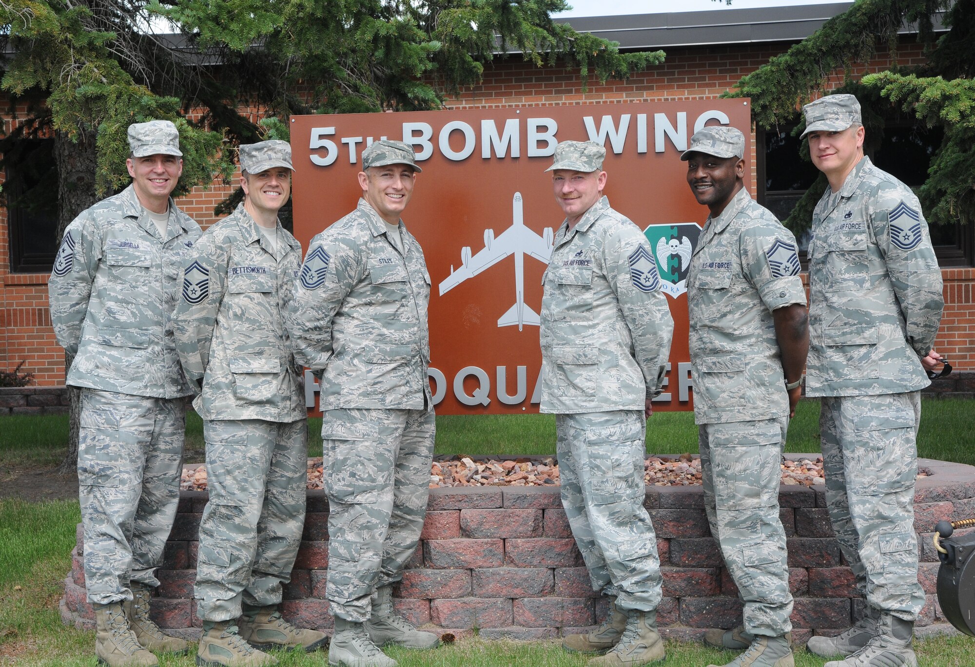 5th BW Group Superintendents provide leadership, management, and guidance in organizing, equipping, training, and mobilizing their respective groups to meet home station and expeditionary mission requirements. The 5 BW Group Superintendents are CMSgt Doug Brackett 5 MXG, CMSgt David Belcher 5 MSG, CMSgt Thomas Stiles 5 MDG, SMSgt Gregory Wright 5 OG, SMSgt Nathaniel Bettisworth Wing Staff Agencies.  Group superintendents work closely with the commanders and command chief master sergeant to prepare the enlisted force to provide global strike and combat-support capabilities. They manage and direct resource activities as well as interpret and enforce policies and applicable directives. They also establish control procedures to meet mission goals and standards. Additionally, they recommend or initiate actions to improve organizational effectiveness and efficiency as well as ensure the management of personnel and resources are consistent with current practices and procedures in support of the 5th Bomb Wing/91st MW missions. They resolve issues between subordinate squadrons, other groups, and outside agencies as well as perform other duties as directed by the group commander. (Courtesy photo)