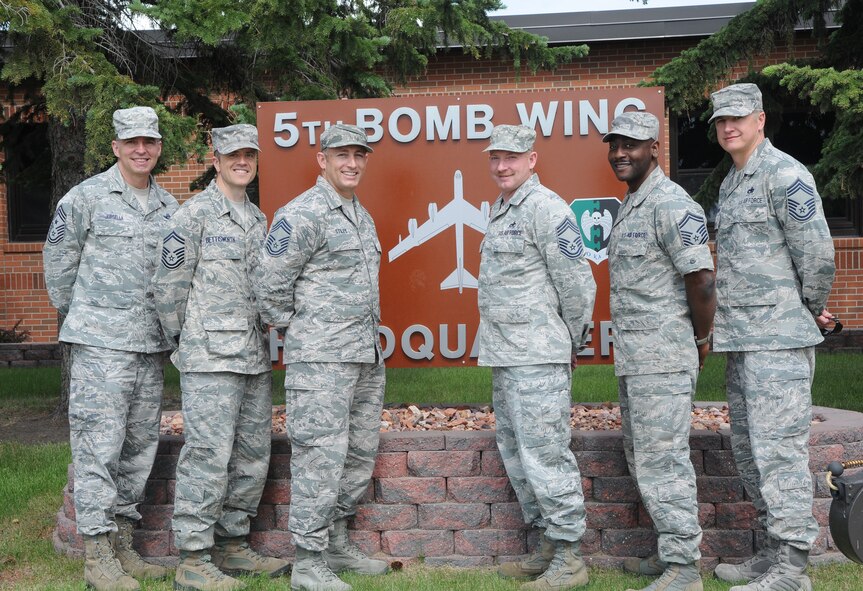 5th BW Group Superintendents provide leadership, management, and guidance in organizing, equipping, training, and mobilizing their respective groups to meet home station and expeditionary mission requirements. The 5 BW Group Superintendents are CMSgt Doug Brackett 5 MXG, CMSgt David Belcher 5 MSG, CMSgt Thomas Stiles 5 MDG, SMSgt Gregory Wright 5 OG, SMSgt Nathaniel Bettisworth Wing Staff Agencies.  Group superintendents work closely with the commanders and command chief master sergeant to prepare the enlisted force to provide global strike and combat-support capabilities. They manage and direct resource activities as well as interpret and enforce policies and applicable directives. They also establish control procedures to meet mission goals and standards. Additionally, they recommend or initiate actions to improve organizational effectiveness and efficiency as well as ensure the management of personnel and resources are consistent with current practices and procedures in support of the 5th Bomb Wing/91st MW missions. They resolve issues between subordinate squadrons, other groups, and outside agencies as well as perform other duties as directed by the group commander. (Courtesy photo)