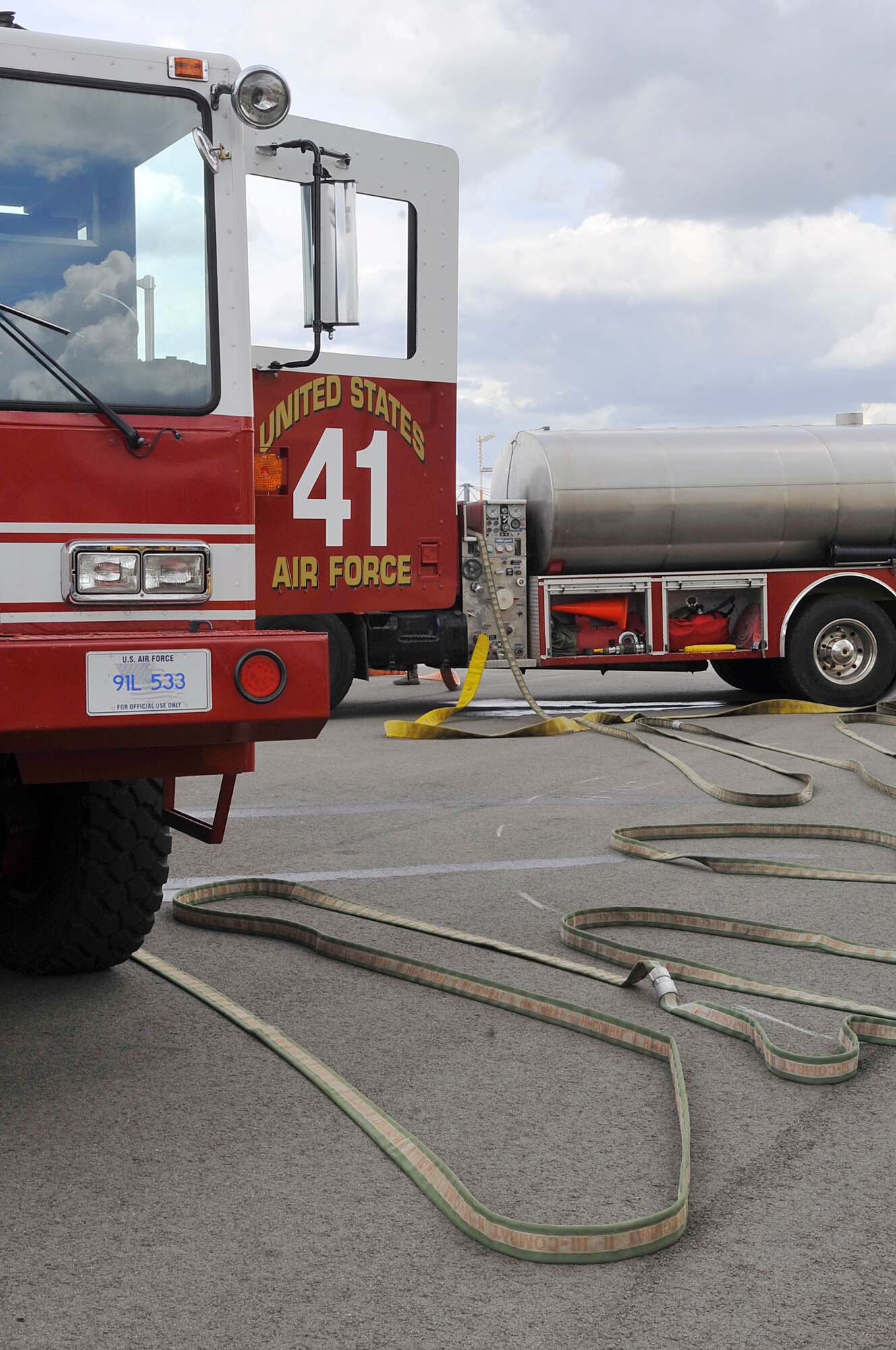 A fire truck sits as the Civil Engineer Squadron firefighters prepare for Silver Flag training on Ramstein Air Base, Germany, June 5, 2014. The fire trucks are capable of holding 3,000 gallons of water each. (U.S. Air Force photo/Airman Larissa Greatwood)