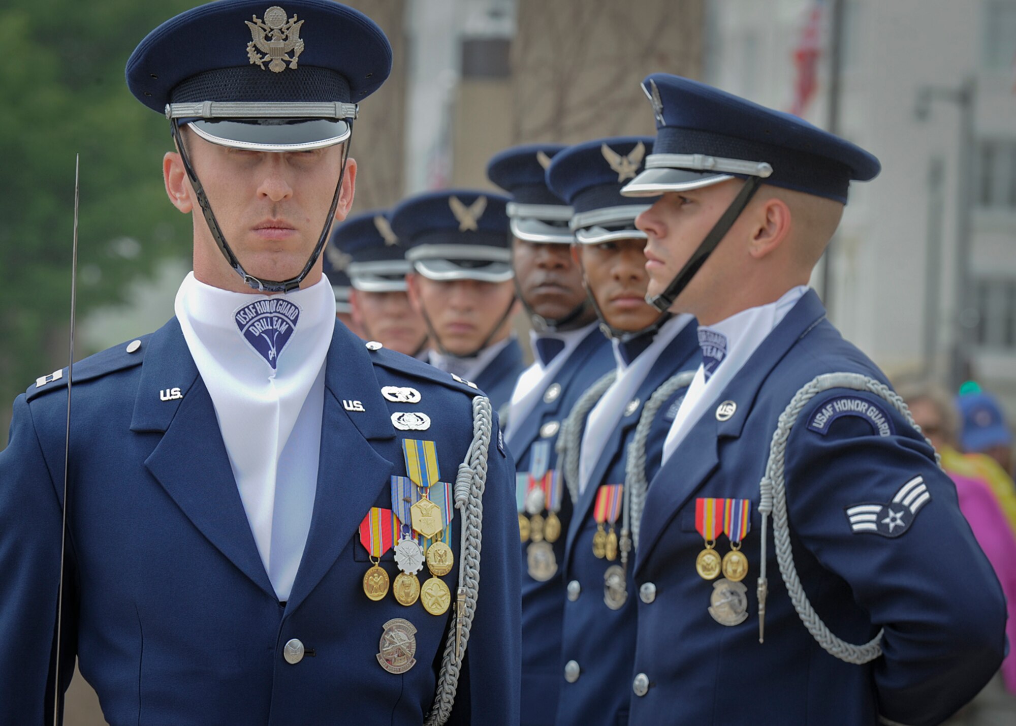 U.S. Air Force Drill Team Flight Commander Capt. Alan Morford prepares to lead his team before performing the "walkthrough sequence" at the Milwaukee War Memorial during the Milwaukee Air & Water Show June 22, 2014. The Drill Team is on a nine-day, seven-city, 10-performance tour across Wisconsin, Minnesota, South Dakota, Wyoming, and Nebraska. (U.S. Air Force Photo/1st Lt. Nathan Wallin)