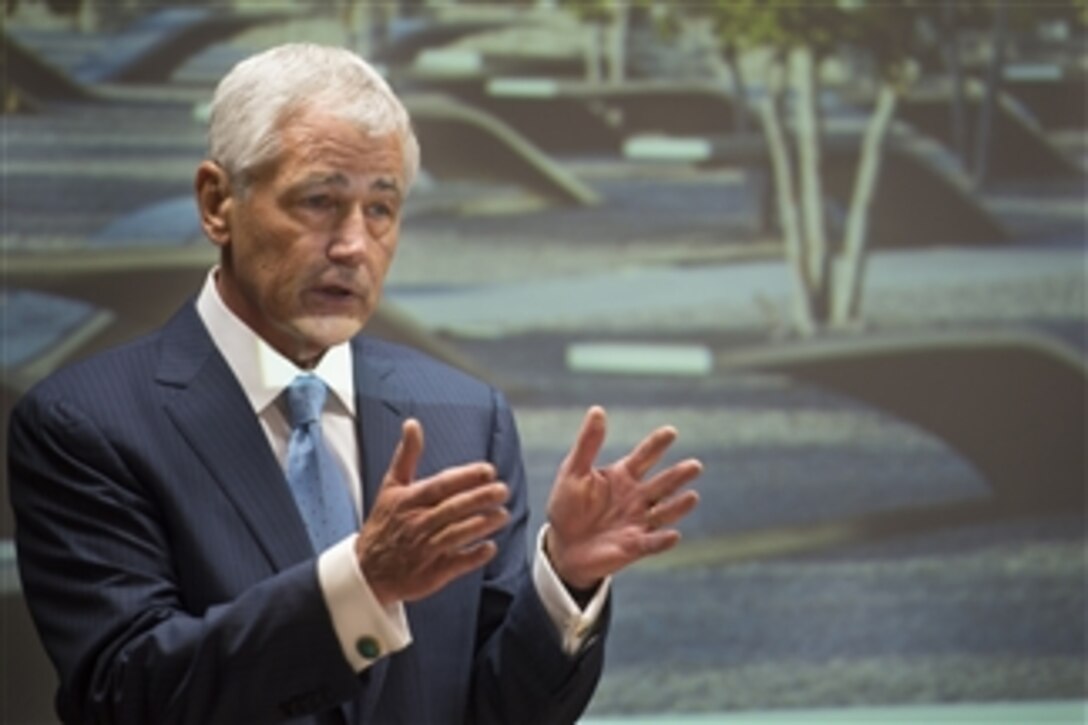Defense Secretary Chuck Hagel discusses the 9/11 Pentagon Visitor Education Center during executive project briefings in Washington, D.C., June 24, 2014.