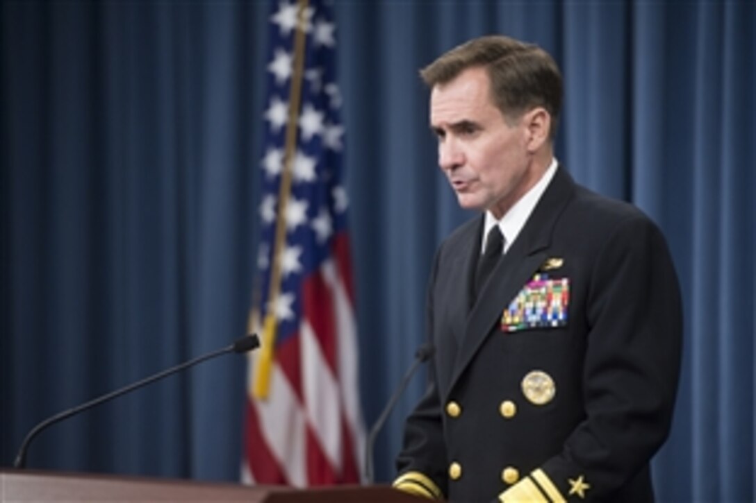 Pentagon Press Secretary Navy Rear Adm. John Kirby briefs reporters at the Pentagon, June 24, 2014.
