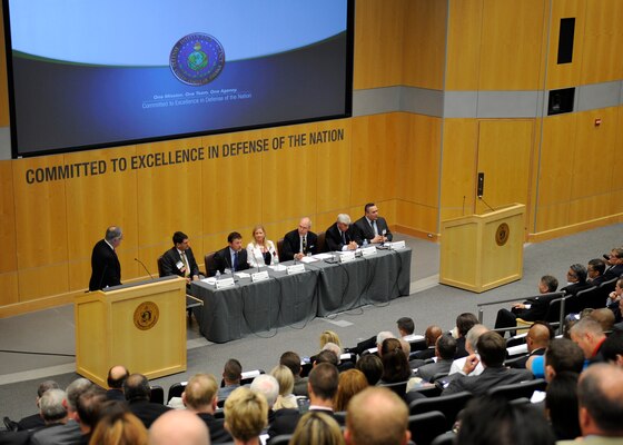 A panel of DIA’s senior leaders, led by Deputy Director David Shedd, took questions from industry partners as part of the agency’s Innovation Symposium June 24. Pictured from left: David Shedd, deputy director; Grant Schneider, chief information officer; Dan Doney; chief innovation officer; Catherine Johnston, director for analysis; Ardisson Lyons, deputy director for science and technology; Robert Adams, director of training; and Agustin Taveras, chief technology officer. 