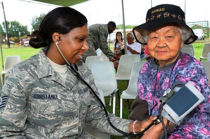 Air Force Tech. Sgt. Jaqueline Constance, 113th Medical Group, D.C. Air National Guard, takes blood pressure of patients before they are seen by optometrists, medical doctors, or dental surgeons as part of an Innovative Readiness Training mission in Kaua'i, Hawaii, March 5, 2012.