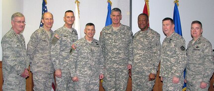 Pictured from left to right: Air Force Maj. Gen. Thaddeus J. Martin, the
adjutant general, Connecticut National Guard, Air Force Maj. Gen.William N. Reddel, the adjutant general, New Hampshire National Guard, Army Maj. Gen. Patrick A. Murphy, the adjutant general, New York National Guard, Army Lt. Gen. Mick Bednarek, commanding general, First Army, Army Gen. David R. Rodriguez, commanding general, United States Army Forces Command, Army Maj.
Gen. Joseph C. Carter, the adjutant general, Massachusetts National Guard,Army Maj. Gen. Kevin R. McBride, the adjutant general, Rhode Island NationalGuard and Air Force Maj. Gen. Michael D. Dubie, the adjutant general, VermontNational Guard. All generals attended the Northeast Regional Adjutant GeneralConference at Hanscom Air Force Base, March 8, 2012.
