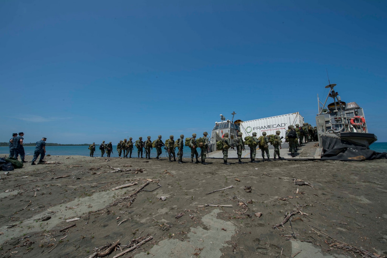 PALAWAN, Philippines (June 24, 2014) - Philippine marines file into landing craft air cushion (LCAC) 30 for transport to Whidbey Island-class amphibious dock landing ship USS Ashland (LSD 48). Ashland is participating in exercise Cooperation Afloat Readiness and Training (CARAT) 2014, a bilateral maritime exercise series between the U.S. Navy, U.S. Marine Corps and the armed forces of Bangladesh, Brunei, Cambodia, Indonesia, Malaysia, Singapore, the Philippines, Thailand and Timor-Leste.