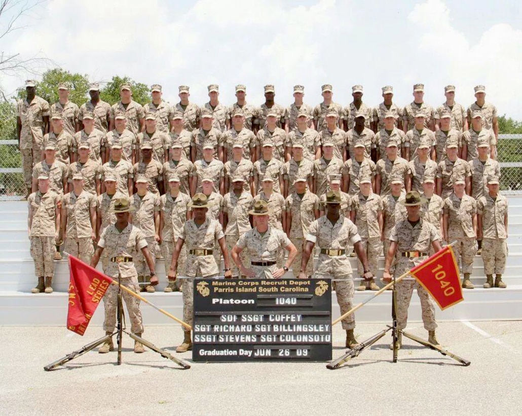 Then Sgt. Luke Billingsley, front left, a drill instructor with Company “B,” 1st Recruit Training Battalion, Recruit Training Regiment, poses for a photo with Platoon 1040 aboard Marine Corps Recruit Depot Parris Island, S.C., June 26, 2009. Billingsley helped train the platoon that helped develop Cpl. William “Kyle” Carpenter, Medal of Honor recipient.