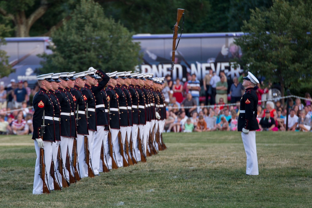 The Marine Corps Silent Drill Platoon performs during a Tuesday Sunset Parade at the Marine Corps War Memorial in Arlington, Virginia, June 24, 2014.