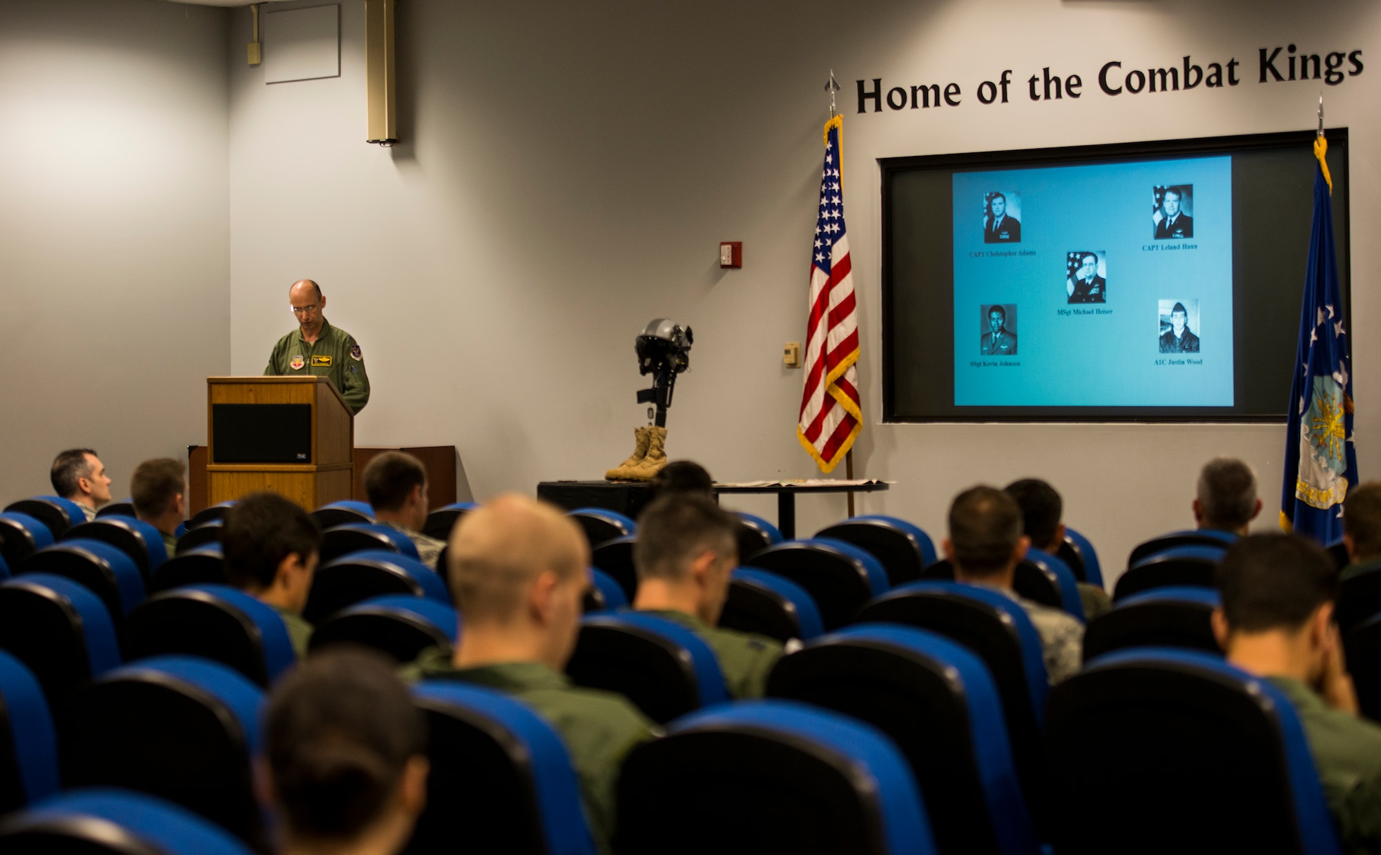 U.S. Air Force Lt. Col. Peter Dominicis, 347th Rescue Group deputy commander, speaks to attendees during a Khobar Towers Remembrance ceremony at Moody Air Force Base, Ga., June 25, 2014. During the Khobar Towers attack, opposing forces detonated a tanker truck near an eight-story building which housed deployed personnel from the 4411th Rescue Squadron. The bombing resulted in the death of 19 service members including five rescue Airmen: Capt. Christopher Adams, Capt. Leland Haun, Master Sgt, Michael Heiser, Staff Sgt. Kevin Johnson and Airman 1st Class Justin Wood. (U.S. Air Force photo by Senior Airman Douglas Ellis/Released)

