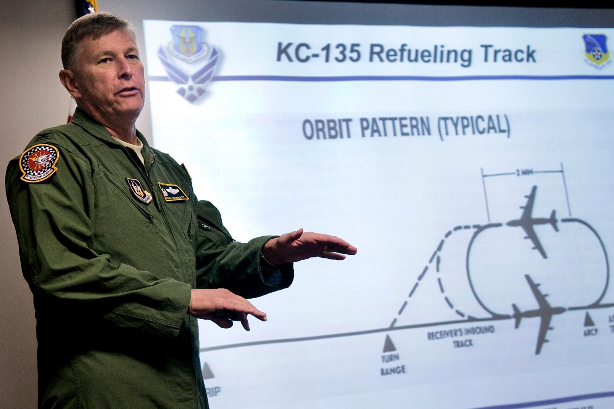 Col. Doug Schwartz, 434th Air Refueling Wing commander explains inflight refueling operations to Indiana and Ohio media members at Wright-Patterson Air Force Base, Ohio, June 18, 2014. The 434th ARW from Grissom Air Reserve Base, Ind., partnered with the 445th Airlift Wing from Wright-Patterson to host a combined media flight. (U.S. Air Force photo/Senior Airman Jami K. Lancette)