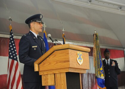 Col. Matthew Isler speaks to the members of the 12th Flying Training Wing inside Hangar 41 June 25, 2014, during the 12th FTW change of command ceremony at Joint Base San Antonio-Randolph, Texas. Isler was previously the vice wing commander of the 14th Flying Training Wing at Columbus Air Force Base, Mississippi, and the executive officer to the commander of Pacific Air Forces at Joint Base Pearl Harbor-Hickam, Hawaii. (U.S. Air Force photo/Melissa Peterson)