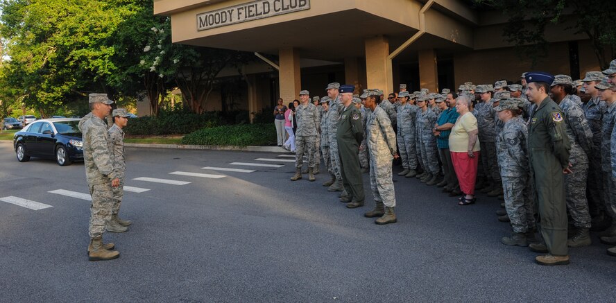 U.S. Air Force Col. Chad Franks, 23d Wing commander, speaks to the 23d Medical Group at Moody Air Force Base, Ga., June 25, 2014. Franks emphasized every Airmen matters in order to achieve the big picture. (U.S. Air Force photo by Airman 1st Class Alexis Millican/Released)