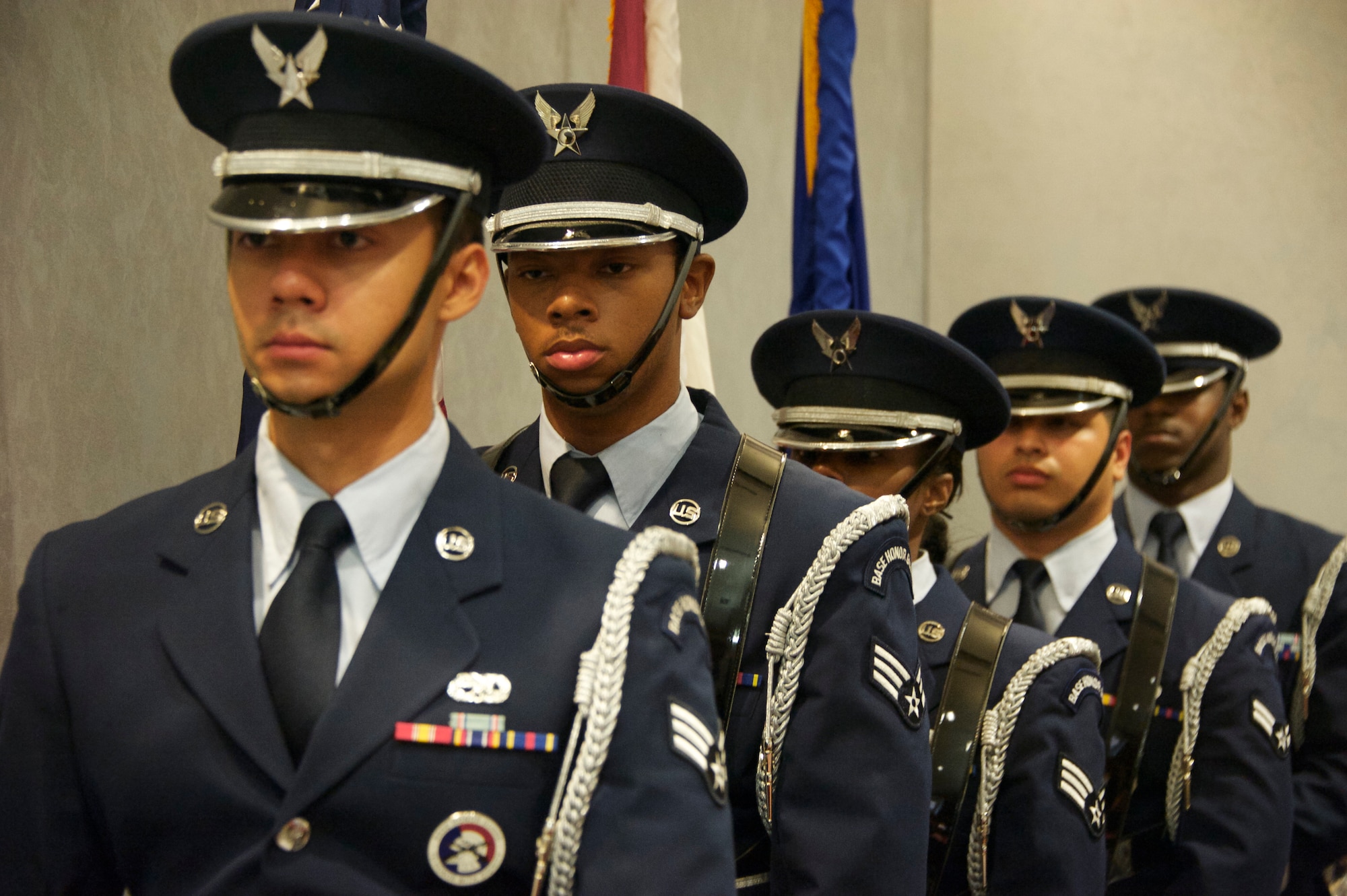 The Eglin Air Force Base honor guard march in the colors during the Khobar Towers memorial ceremony June 25 at the 33rd Fighter Wing. The ceremony marks the 18th anniversary of the tragic bombing that killed 19 service members, including 12 33rd FW Airmen. Each year a ceremony is held by the Nomads to commemorate their brothers who’ve “ceased their wandering.” (U.S. Air Force photo/Sara Vidoni)