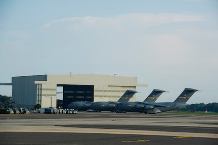 Joint Base Charleston Globemaster III C-17s line the ramp, June 24, 2014, at JB Charleston, S.C. 437th Airlift Wing maintainers perform daily checks and maintenance to ensure the aircraft are ready to fly. (U.S. Air Force photo/Senior Airman George Goslin)