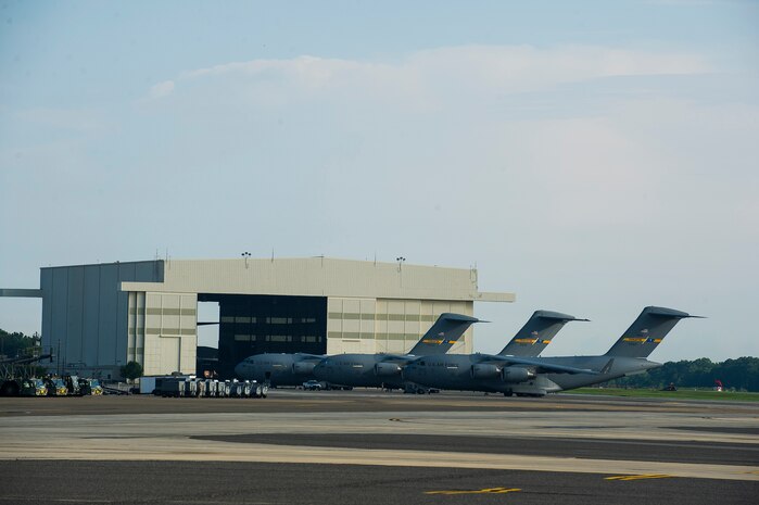 Joint Base Charleston Globemaster III C-17s line the ramp, June 24, 2014, at JB Charleston, S.C. 437th Airlift Wing maintainers perform daily checks and maintenance to ensure the aircraft are ready to fly. (U.S. Air Force photo/Senior Airman George Goslin)